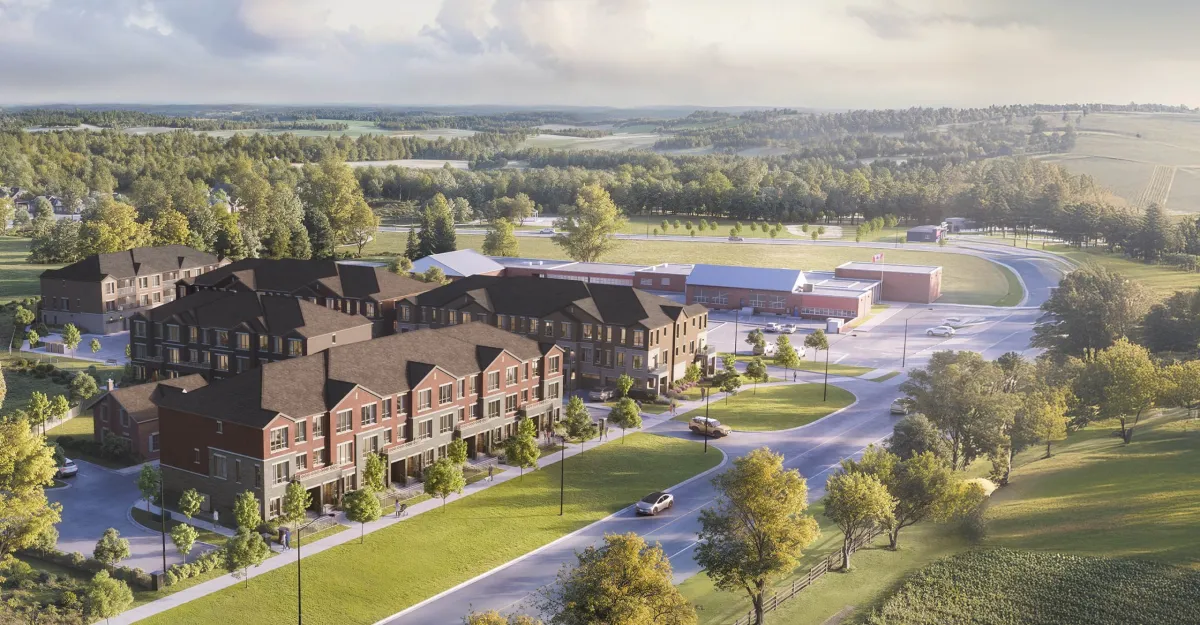 Walnut Creek Towns aerial rendering — community overview of townhome development in East Gwillimbury