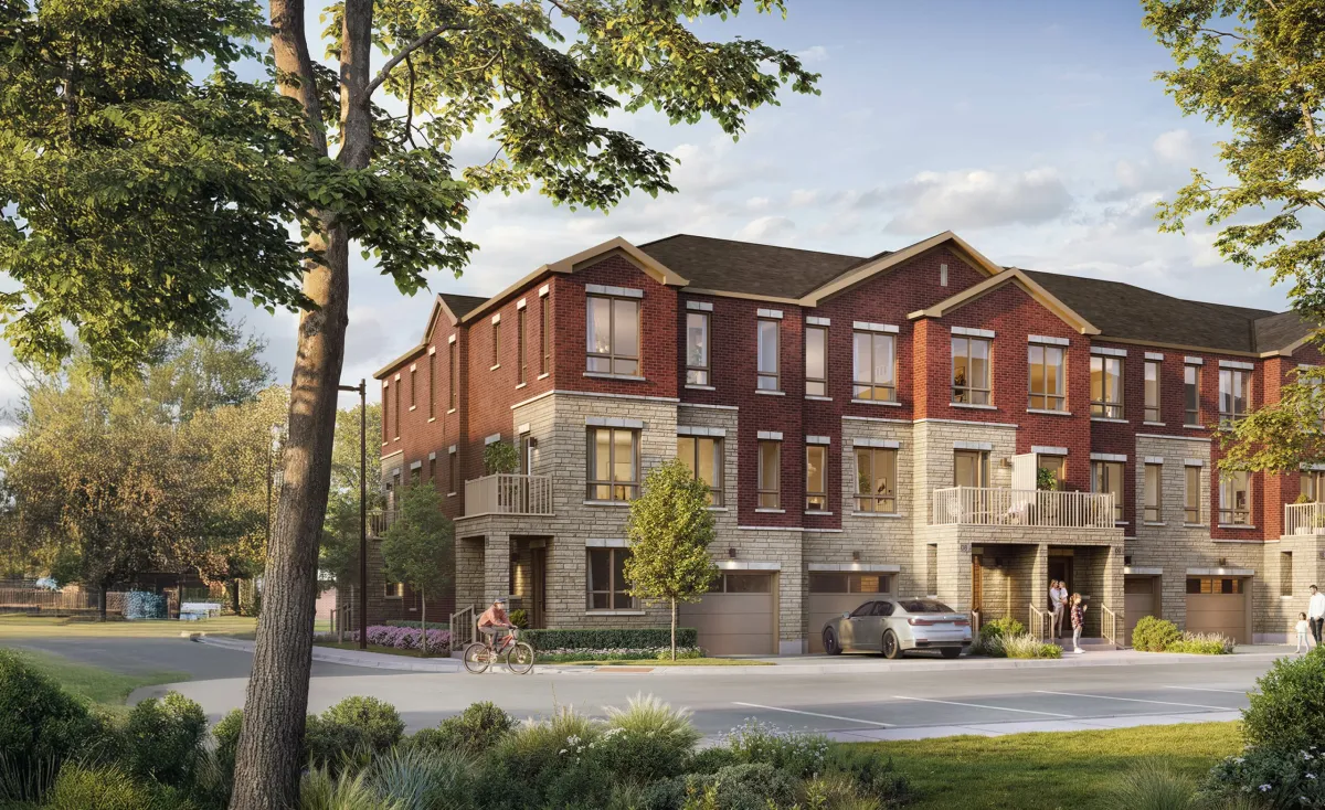 Walnut Creek Towns exterior rendering — brick townhomes by Acorn Developments in East Gwillimbury